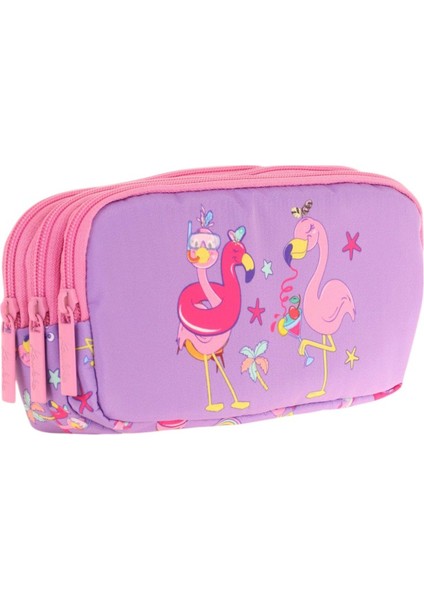 Kids Pembe Mor, Flamingolar, Kız Çocuk Üç Gözlü Okul Kalem Çantası - L8240