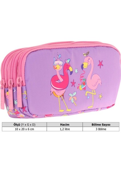Kids Pembe Mor, Flamingolar, Kız Çocuk Üç Gözlü Okul Kalem Çantası - L8240 modelleri