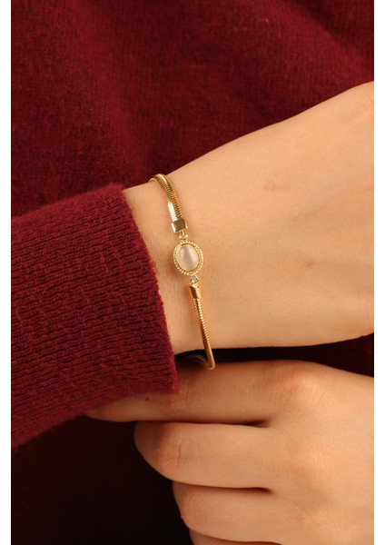 Beyaz Opal Taşlı Balıksırtı Zincir Altın Bileklik CGKBLK0319