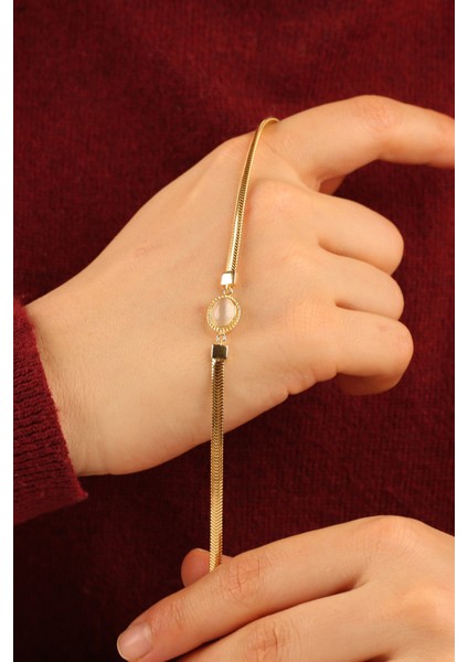 Beyaz Opal Taşlı Balıksırtı Zincir Altın Bileklik CGKBLK0319 modelleri