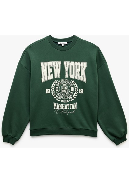 Şardonlu Baskılı Uzun Kollu Bisiklet Yaka Oversize Sweatshirt