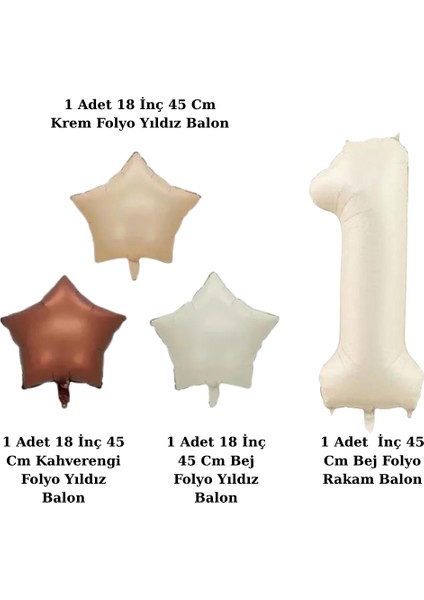 4 Yaş Retro Krem Bej Kahverengi Yıldız Folyo Balon Seti Krem Rakamlı Doğum Günü Şık Parti Süsleme