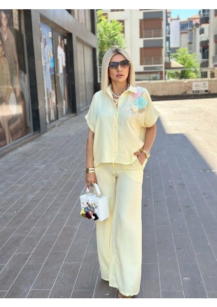 26488 Göğüs Çiçekli Gömlekli Panton Takım Sarı