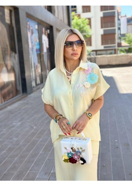 26488 Göğüs Çiçekli Gömlekli Panton Takım Sarı fırsatları
