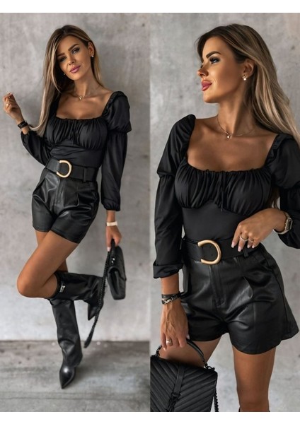 Kadın Uzun Kollu Kare Yaka Göğüs Büzgü Detay Sandy Bluz modelleri