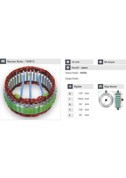 12V Alternatör Statör 90 A Tata 3 Uçlu