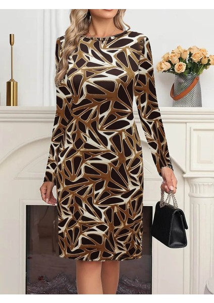 Kadın Uzun Kollu Bisiklet Yaka Desenli Dalgıç Kısa Elbise