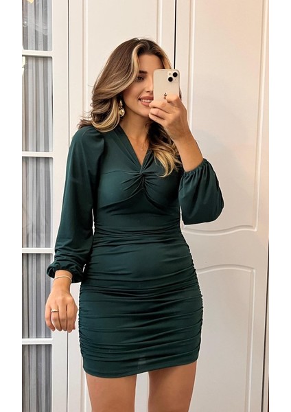 Kadın Uzun Kollu V Yakalı Yanlardan Büzgülü Kısa Sandy Elbise modelleri