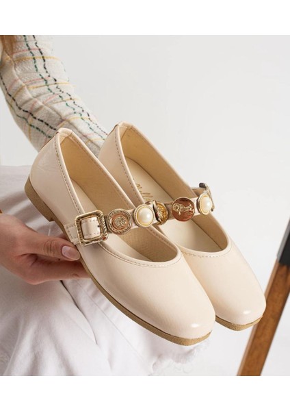 Kadın Mary Jane Babet Ayakkabı Inci ve Gold Düğme Tokalı Rahat Günlük Model