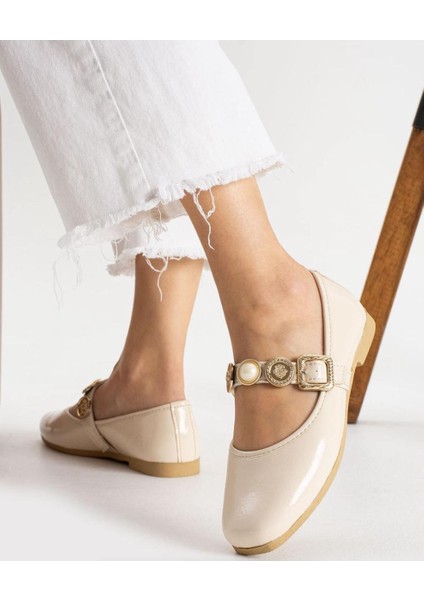 Kadın Mary Jane Babet Ayakkabı Inci ve Gold Düğme Tokalı Rahat Günlük Model fiyatları