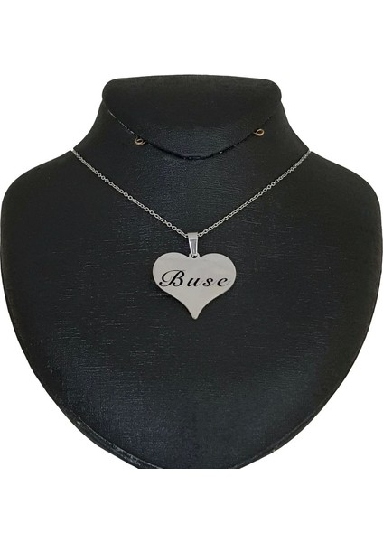 Buse İsmine Özel 925 Ayar Gümüş Plakalı Zincirli Kalp Motifli Hediyelik Kolye-456 İsim