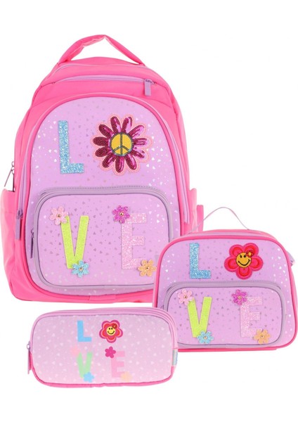 Kids Kız Çocuk Simli Love Desenli Ilkokul 1.2.3.4. Sınıf Üçlü Okul Çanta Seti fiyatları