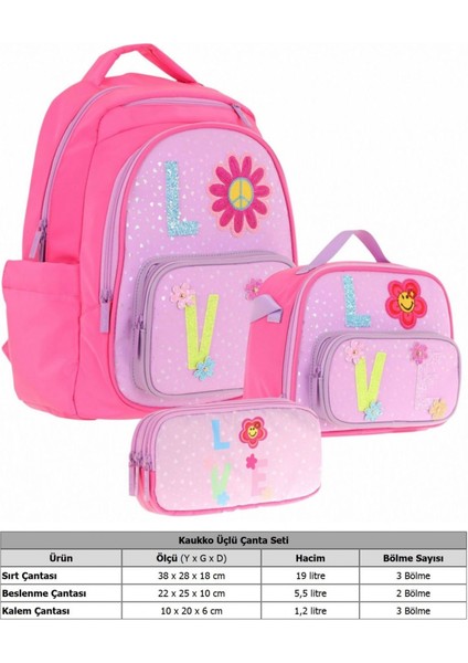 Kids Kız Çocuk Simli Love Desenli Ilkokul 1.2.3.4. Sınıf Üçlü Okul Çanta Seti modelleri