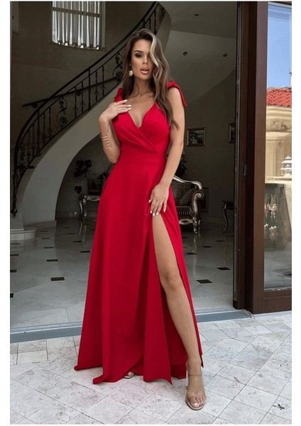 Kadın Askılı Omuzdan Bağlamalı Kruvaze Yakalı Uzun Yırtmaçlı Janjan Krep Elbise