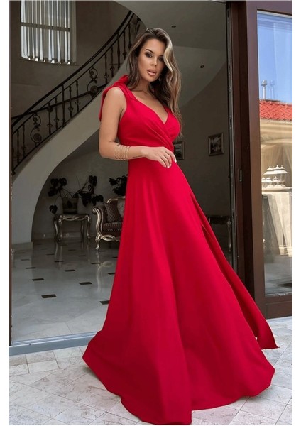 Kadın Askılı Omuzdan Bağlamalı Kruvaze Yakalı Uzun Yırtmaçlı Janjan Krep Elbise