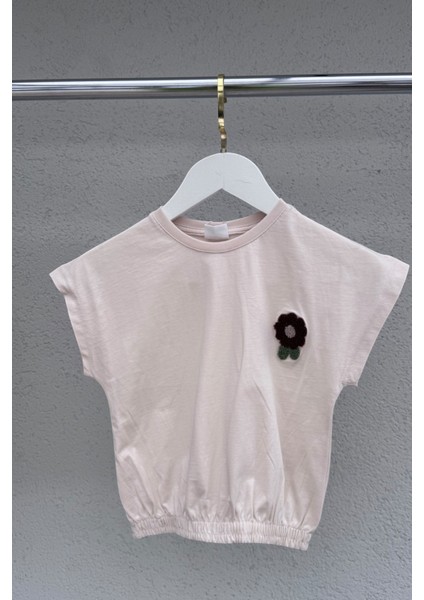 Cotton Nakış Detaylı Kız Çocuk Lastikli Tişört