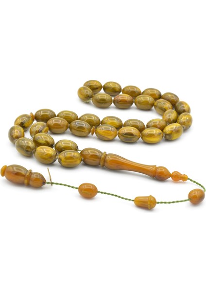 Ibrahim Uysal Imzalı Beyzi Iri Boy Yeşil Sarı Sıkma Kehribar Tesbih