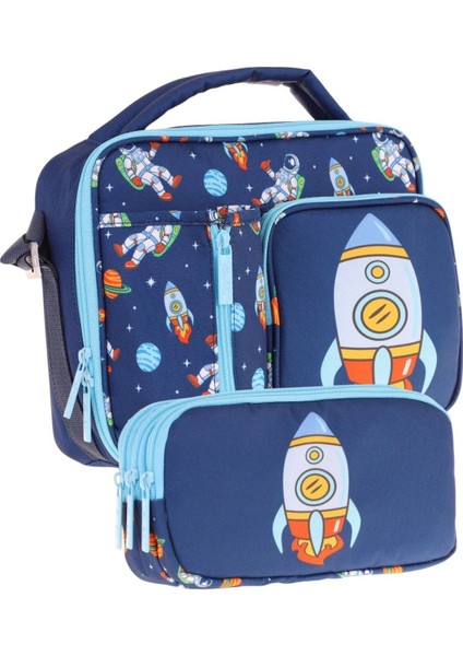 Kids Erkek Çocuk Lacivert Roket Üç Bölmeli Thermo Beslenme Çantası ve Kalemlik Seti (L7260+L8260)