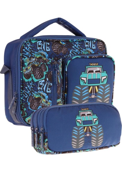 Kids Erkek Çocuk Lacivert Turkuaz Kamyon Üç Bölmeli Thermo Beslenme Çantası ve Kalemlik Seti (L7261+L8261)