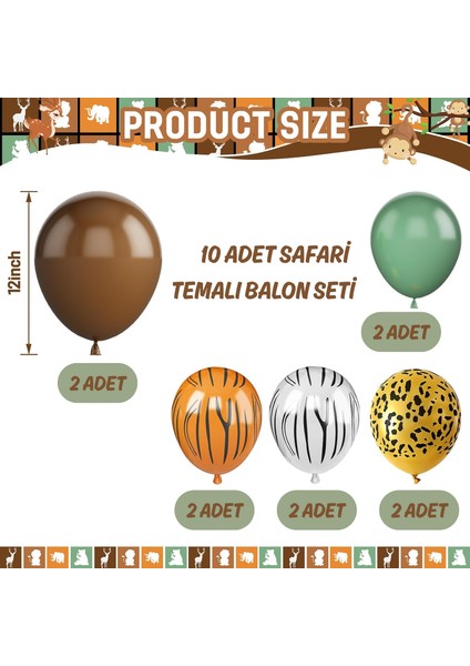 10 Adet Safari Temalı Doğum Günü Balon Seti - 10 Adet 12 Inç 30 cm Safari Temalı Balon