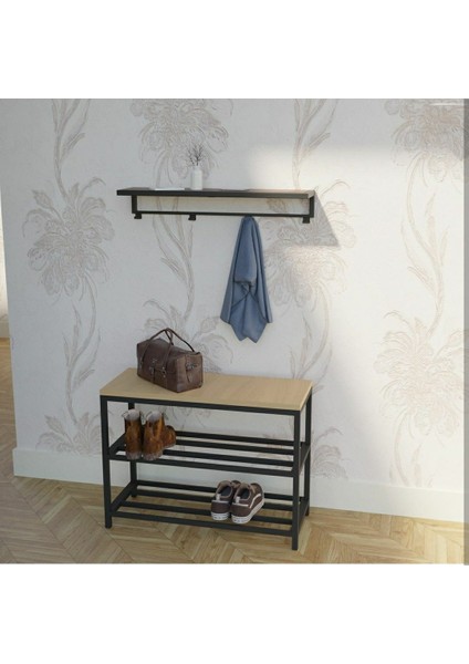 Portatif Askılık ve Ayakkabılık Benç | Metal Gövdeli Mdf Raflı Ceketlik