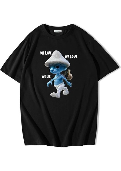 Unisex Oversize Smurf Cat We Live We Love We Lie T-Shirt