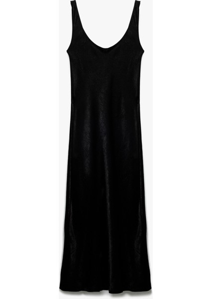 Slim Fit Kolsuz U Yaka Kalın Askılı Uzun Saten Elbise