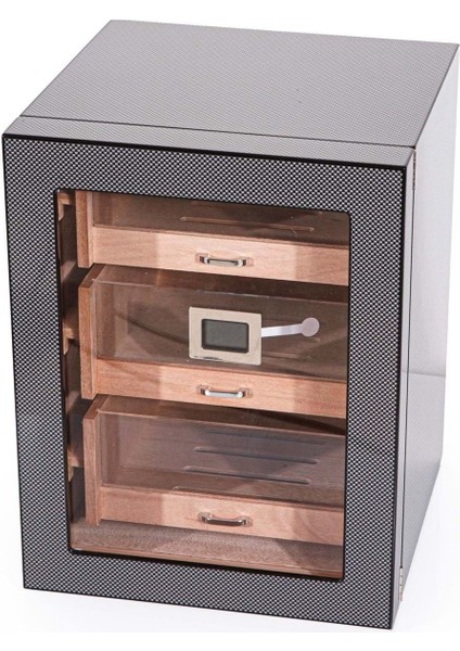3 Çekmeceli Cam Kapaklı Karbon Desen Humidor - PHUM0129