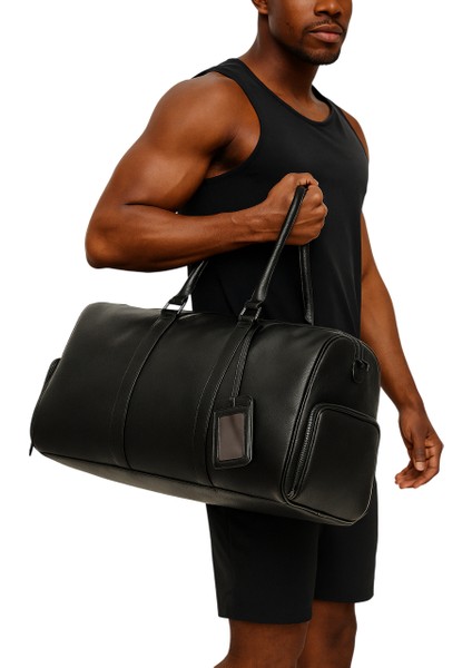 Spor Çanta Siyah Deri Ayakkabı Bölmeli Seyahat