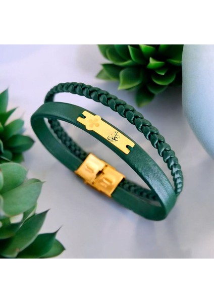 Hz Ali Temalı Doğal Yeşil Derili Çiçek Figürlü 14 Ayar Altın Plakalı Hediye Bileklik-452SEMBOL