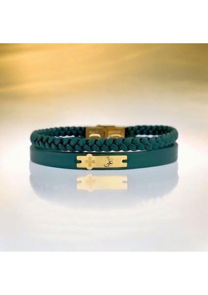 Hz Ali Temalı Doğal Yeşil Derili Çiçek Figürlü 14 Ayar Altın Plakalı Hediye Bileklik-452SEMBOL fiyatları