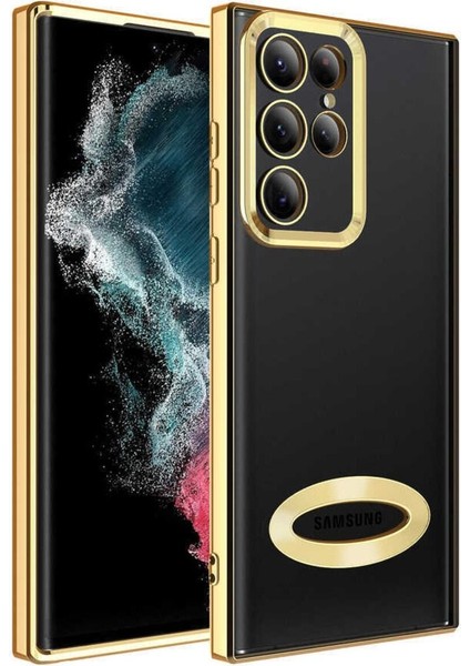 Samsung Galaxy S22 Ultra Kılıf Logo Gösteren Parlak Kenarlı Kamera Lens Korumalı Şeffaf Omega Silikon Kapak