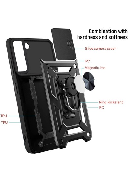 Samsung Galaxy S22 Uyumlu Kılıf Kamera Korumalı Sürgülü Yüzüklü Armor Military Tank Zırhlı