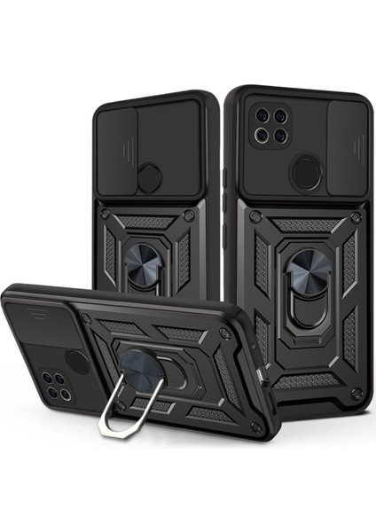 Oppo A15-A15S Uyumlu Kılıf Kamera Korumalı Sürgülü Yüzüklü Armor Military Tank Zırh