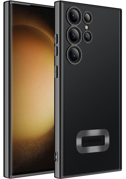 Samsung Galaxy S23 Ultra Kılıf Logo Gösteren Parlak Kenarlı Kamera Lens Korumalı Şeffaf Omega Silikon Kapak