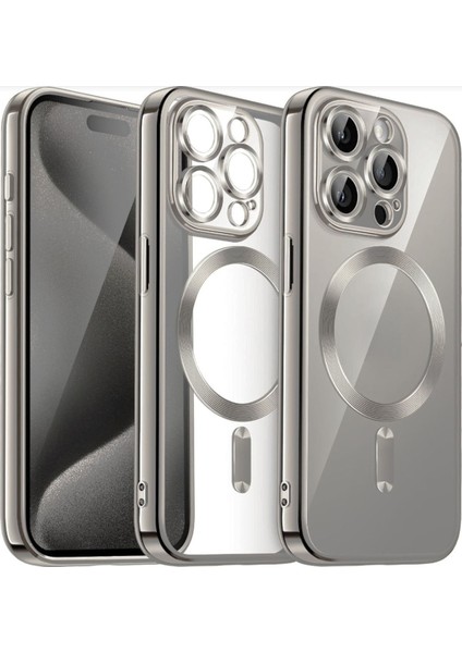 Apple iPhone 15 Pro Max Kamera Lens Korumalı Magsafe Şarj Kilifi Şeffaf Renkli Yumuşak Kılıf