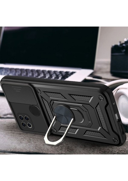Oppo A15-A15S Uyumlu Kılıf Kamera Korumalı Sürgülü Yüzüklü Armor Military Tank Zırh