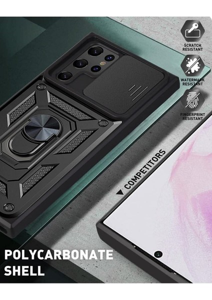 Samsung Galaxy S22 Ultra Uyumlu Kılıf Kamera Korumalı Sürgülü Yüzüklü Armor Military Tank Zırhlı