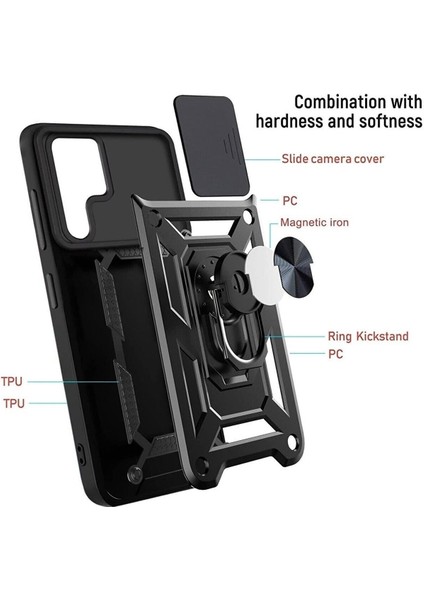 Samsung Galaxy S22 Ultra Uyumlu Kılıf Kamera Korumalı Sürgülü Yüzüklü Armor Military Tank Zırhlı