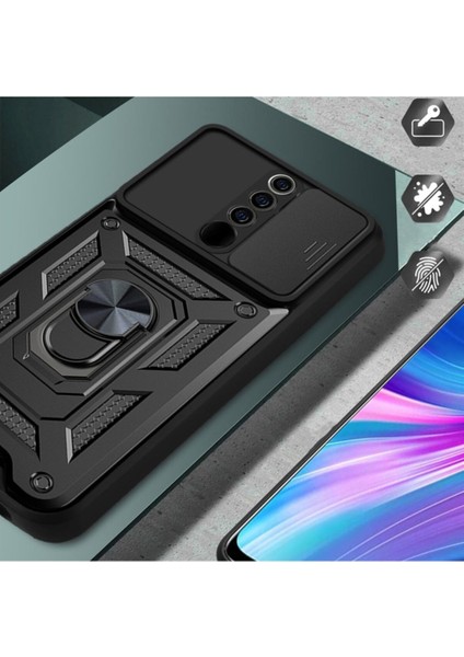 Xiaomi Redmi Note 8 Pro Uyumlu Kılıf Kamera Korumalı Sürgülü Yüzüklü Armor Military Tank Zırh