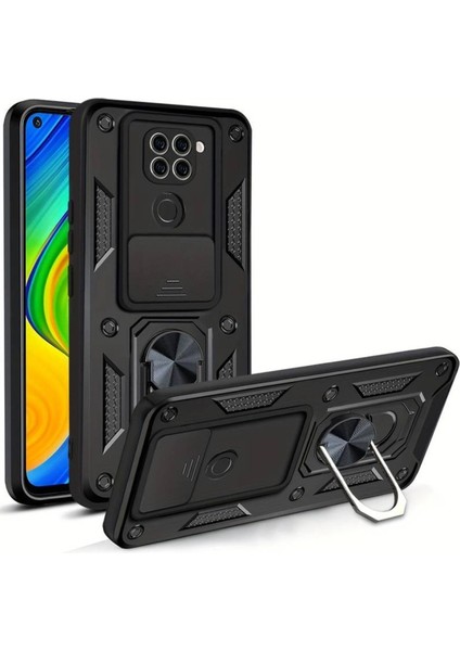 Xiaomi Redmi Note 9 Uyumlu Kılıf Kamera Korumalı Sürgülü Yüzüklü Armor Military Tank Zırh
