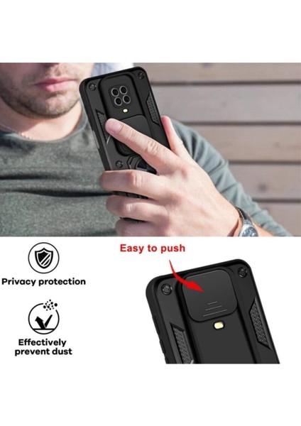 Xiaomi Redmi Note 9 Uyumlu Kılıf Kamera Korumalı Sürgülü Yüzüklü Armor Military Tank Zırh