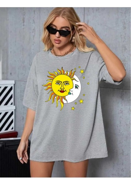 Oversize T-Shirt Güneş Baskılı Gri Renk