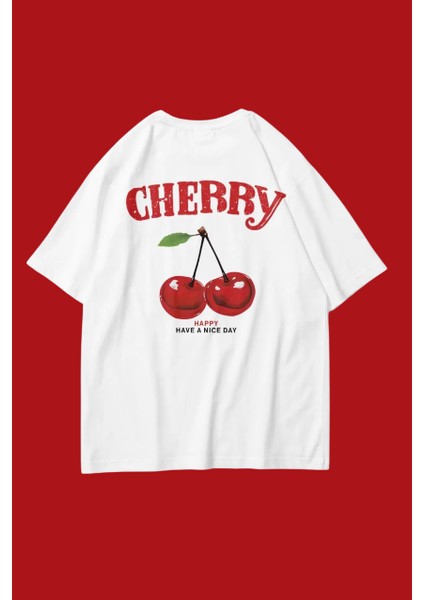 Kadın Oversize Happy Cherry Baskılı T-Shirt