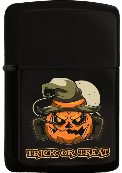 Gift Halloween Trick Or Treat Tasarımlı Renkli Baskılı Siyah Benzinli Metal Çakmak