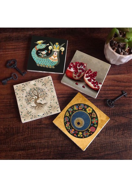 Nazar Boncuğu, Şahmeran, Hayat Ağacı, Nar Taş Bardak Altlığı Seti - 4 Parça - Dekoratif, Rustik Mutfak Aksesuarı, 10X10 Cm, Kaydırmaz Tabanlı, Şık ve Dayanıklı SC195