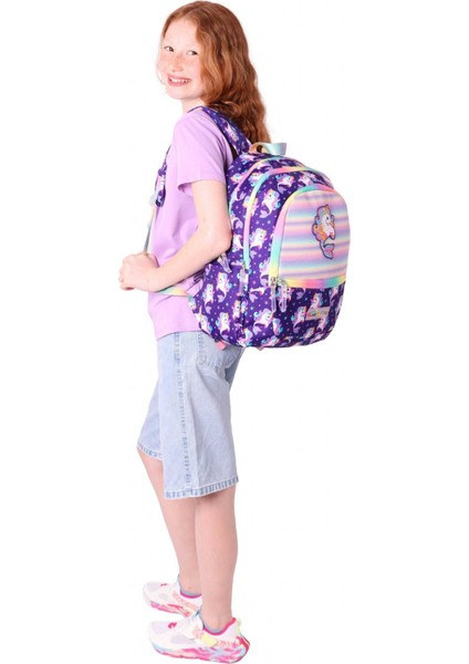 Üç Bölmeli Kız Çocuk Ilkokul Sırt Çantası (L5228) - Mor - Kauçuk Unicorn