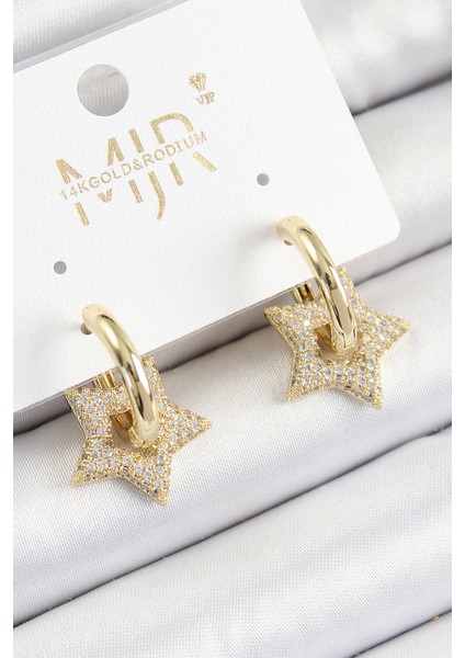 Pirinç Zirkon Taşlı Yıldız Figürlü Halka Model Gold Renk Kadın Küpe