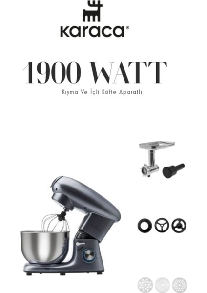 1900W Kıyma ve Içli Köfte Aparatlı Premium Stand Mikser Antrasit Mutfak Şefi 5,5 Lt