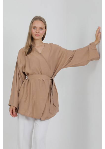 Doğal Viskon Kumaş Cepli Kemerli Kadın Kimono 1168 – Yakasız, Hafif, Dökümlü, Yazlık Model